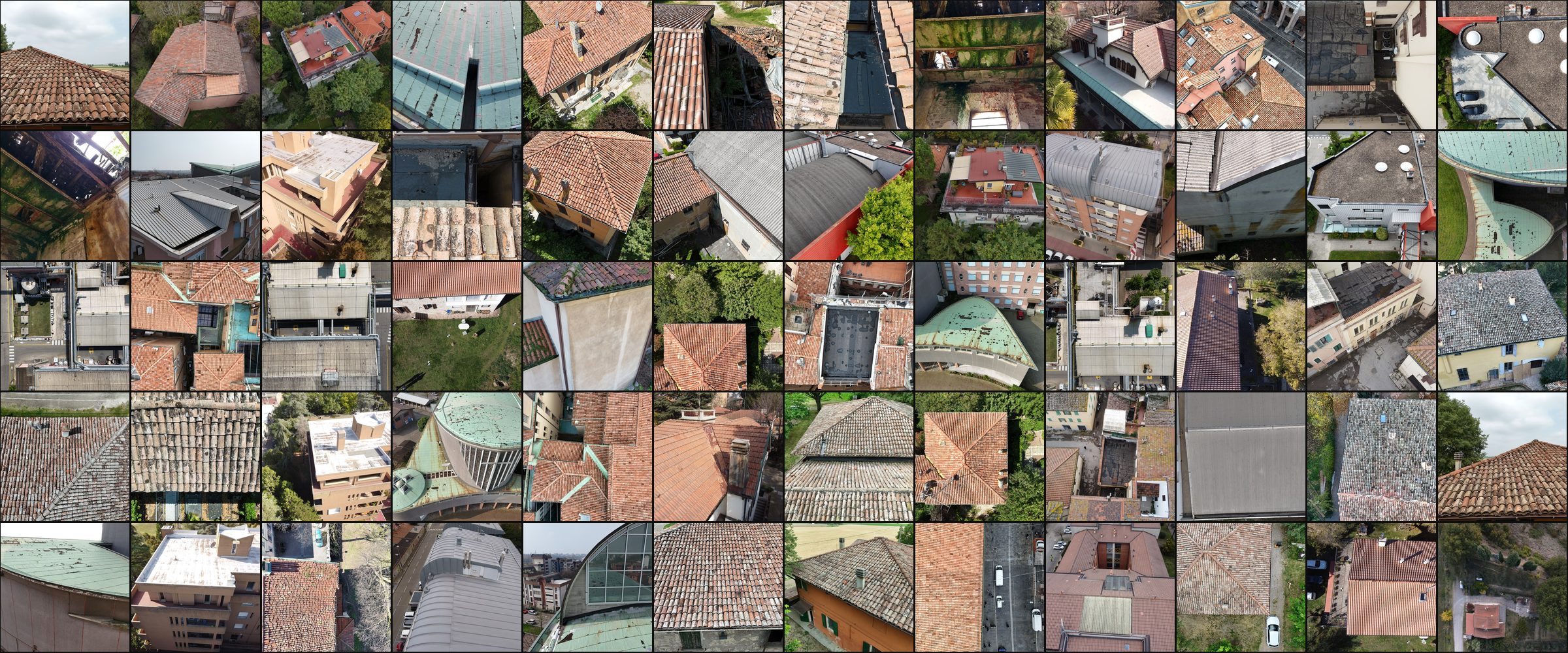 Mosaico di coperture fotografate dal drone: coppi, tegole, guaine, lamiere, comignoli e lucernari