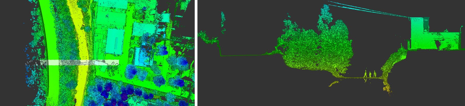 Sezione trasversale ricavata dalla nuvola laser: a sinistra la traccia in pianta, a destra la sezione