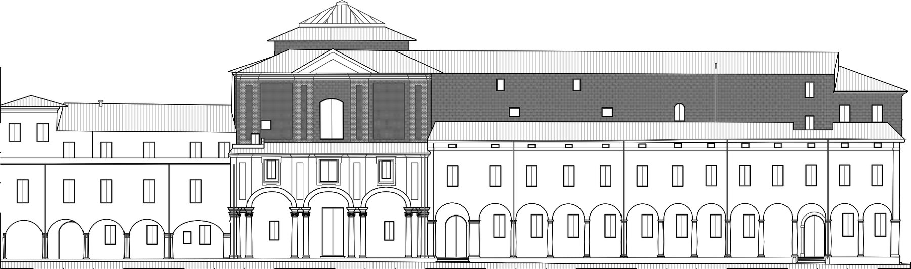 Prospetto P1 del complesso dell'Accademia, con il portico, disegno in scala 1:100