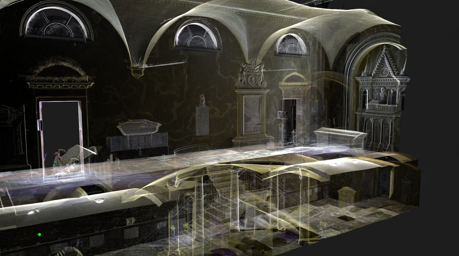 La Sala della Pietà e l'ipogeo con la scala nella nuvola di punti, Certosa di Bologna