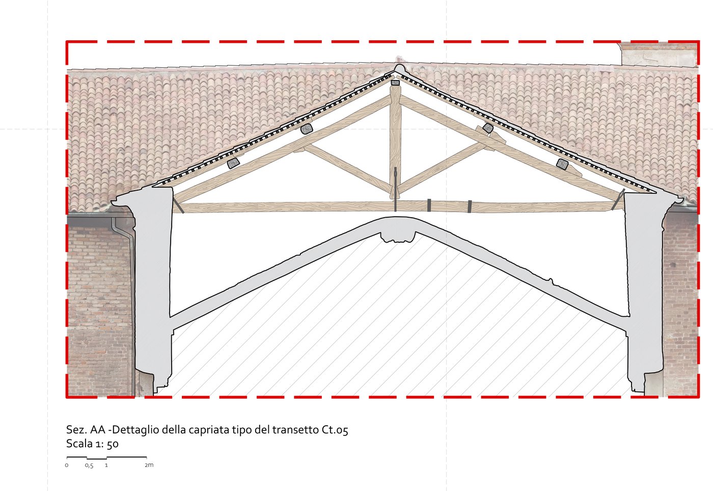Sezione con il disegno della capriata tipo del transetto, scala 1:50