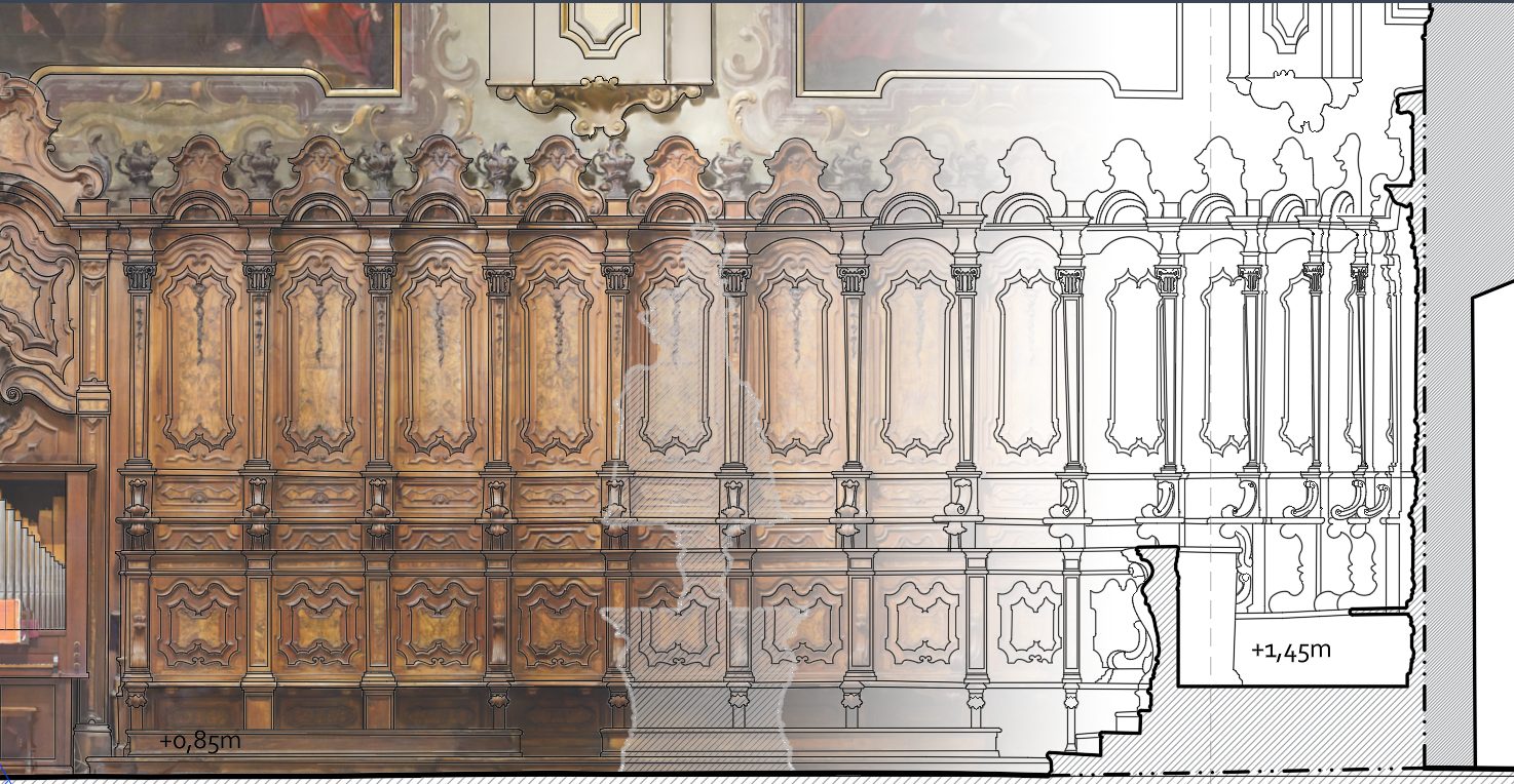 Coro di San Francesco di Paola: ortofoto e disegno vettoriale sovrapposti