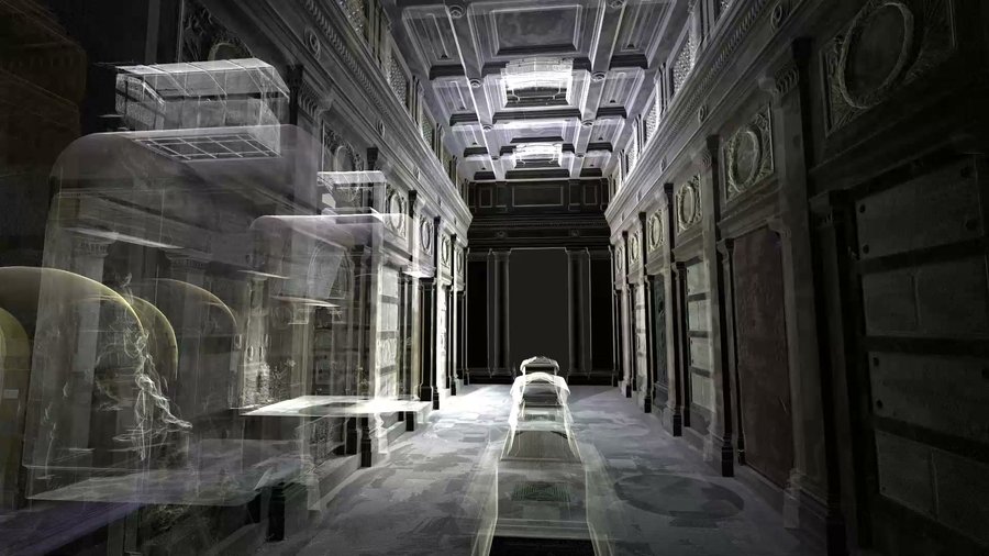 Certosa di Bologna: galleria con soffitto a cassettoni in trasparenza Nuvola di punti da laser scanner: Certosa di Bologna: galleria con soffitto a cassettoni in trasparenza