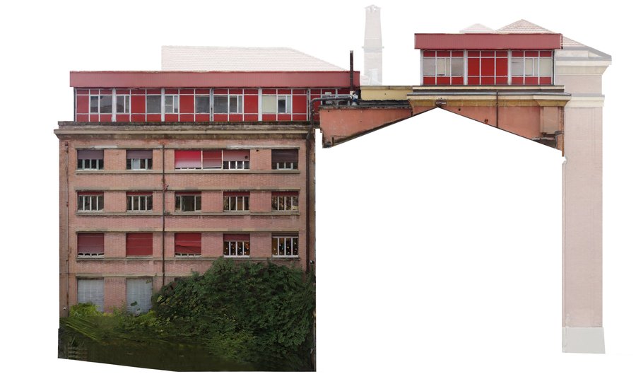 Complesso di via Selmi, Bologna: prospetto con la ciminiera Ortofoto da rilievo fotogrammetrico: Complesso di via Selmi, Bologna: prospetto con la ciminiera