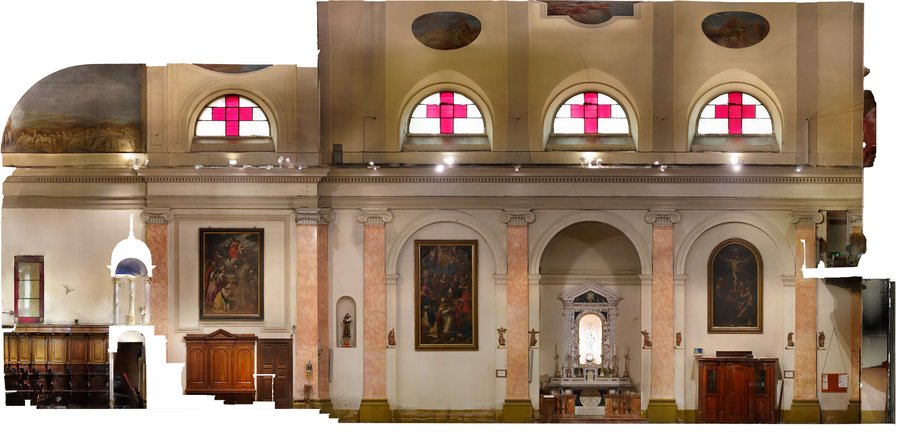 Chiesa di San Vincenzo Martire in Brusuglio (MI): sezione longitudinale in ortofoto Ortofoto da rilievo fotogrammetrico: Chiesa di San Vincenzo Martire in Brusuglio (MI): sezione longitudinale in ortofoto