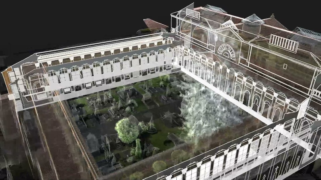 Chiostro VII, Certosa di Bologna: il disegno in bianco sovrapposto alla nuvola Restituzione grafica sulla nuvola di punti: Chiostro VII, Certosa di Bologna: il disegno in bianco sovrapposto alla nuvola