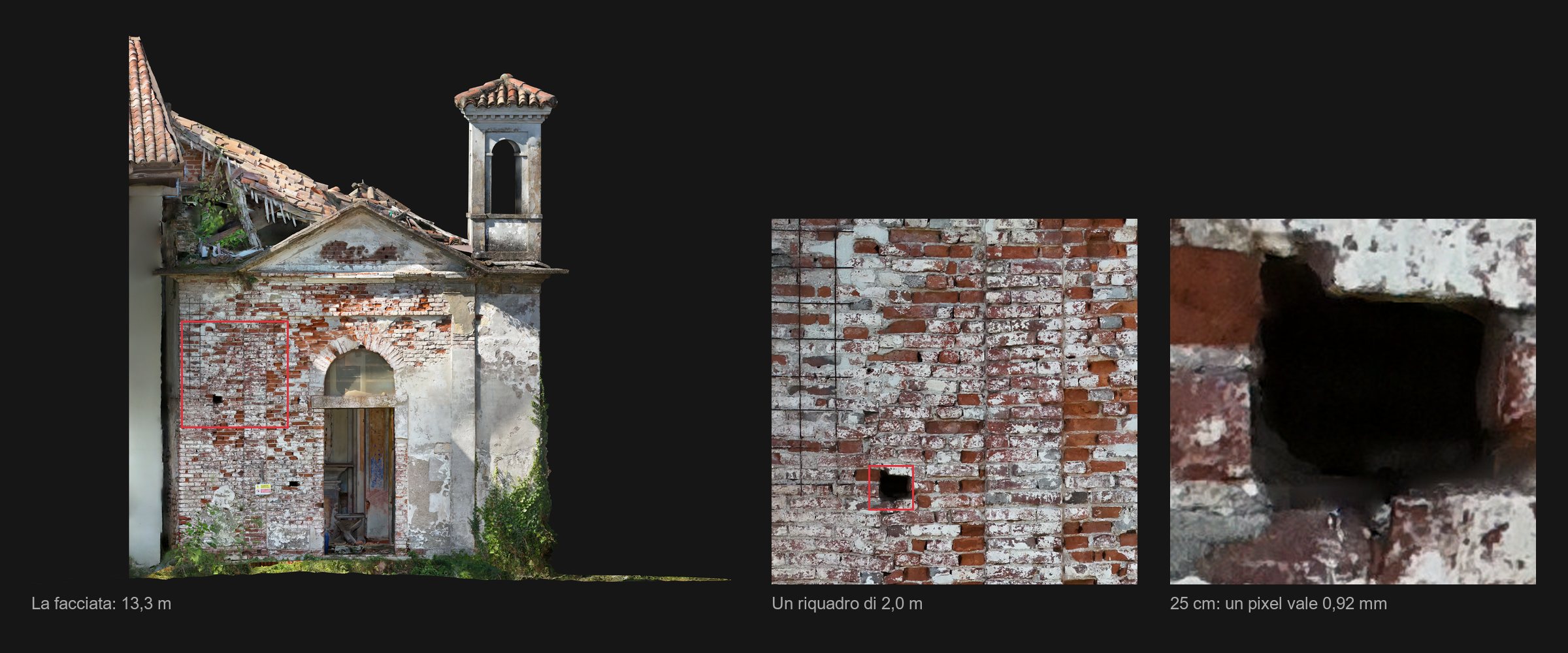 Ortofoto della facciata della chiesa di Cascina Rubone, un riquadro di due metri e un dettaglio di 25 centimetri in cui si leggono i singoli mattoni