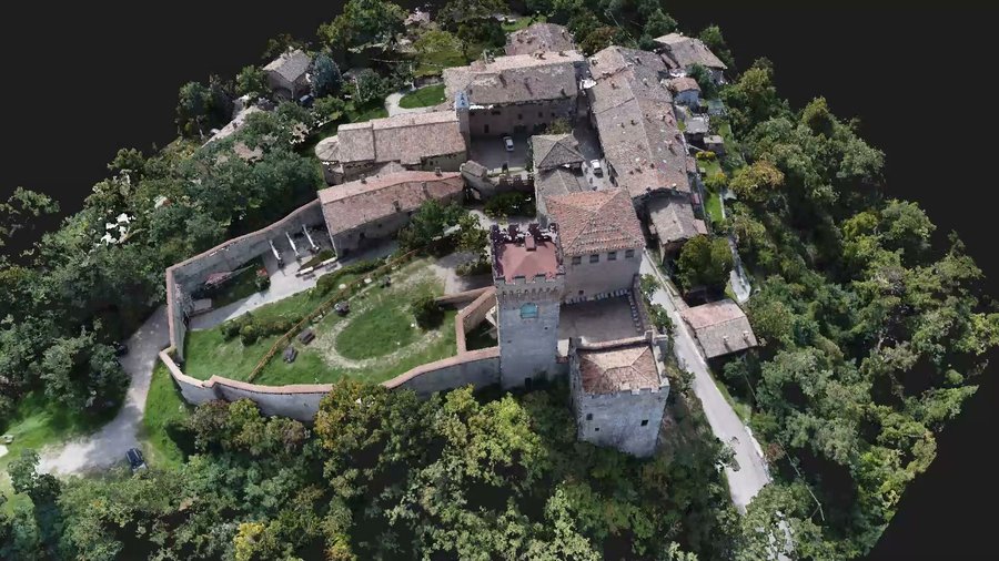 Castello di Montecuccolo: borgo e cinta muraria Modello 3D fotogrammetrico: Castello di Montecuccolo: borgo e cinta muraria