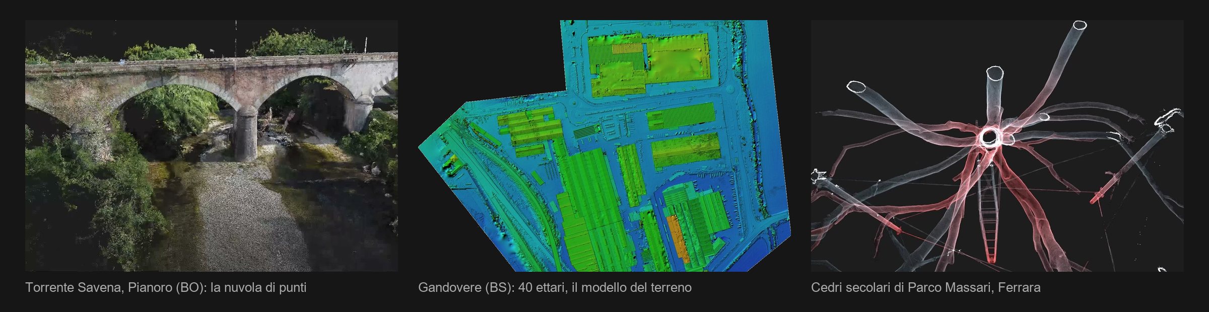 Il ponte ad arco sul Savena nella nuvola di punti, il modello del terreno del Gandovere a colori e i cedri secolari di Parco Massari a Ferrara nella nuvola laser