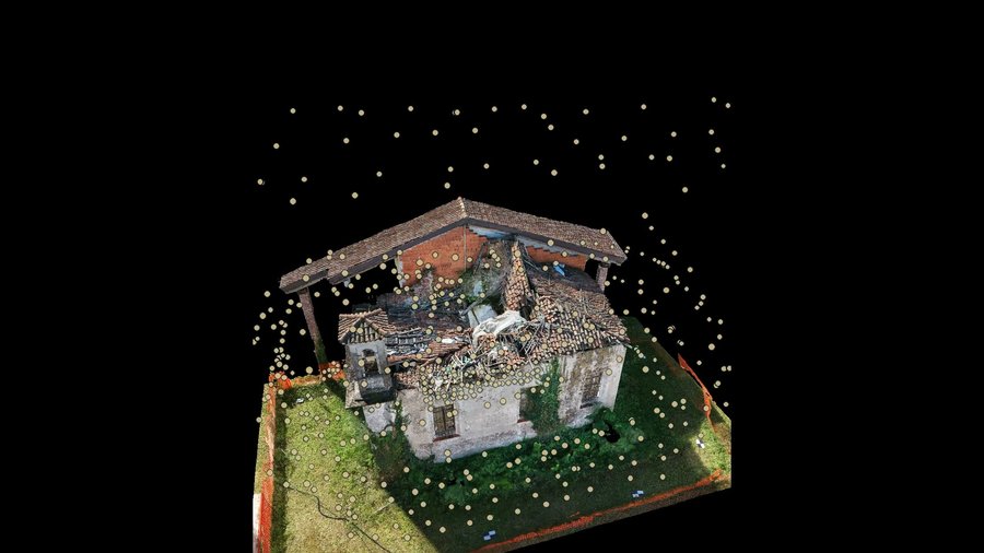 Chiesa di Cascina Rubone, Bernate Ticino (MI): il modello con le posizioni delle prese del drone Modello 3D fotogrammetrico: Chiesa di Cascina Rubone, Bernate Ticino (MI): il modello con le posizioni delle prese del drone
