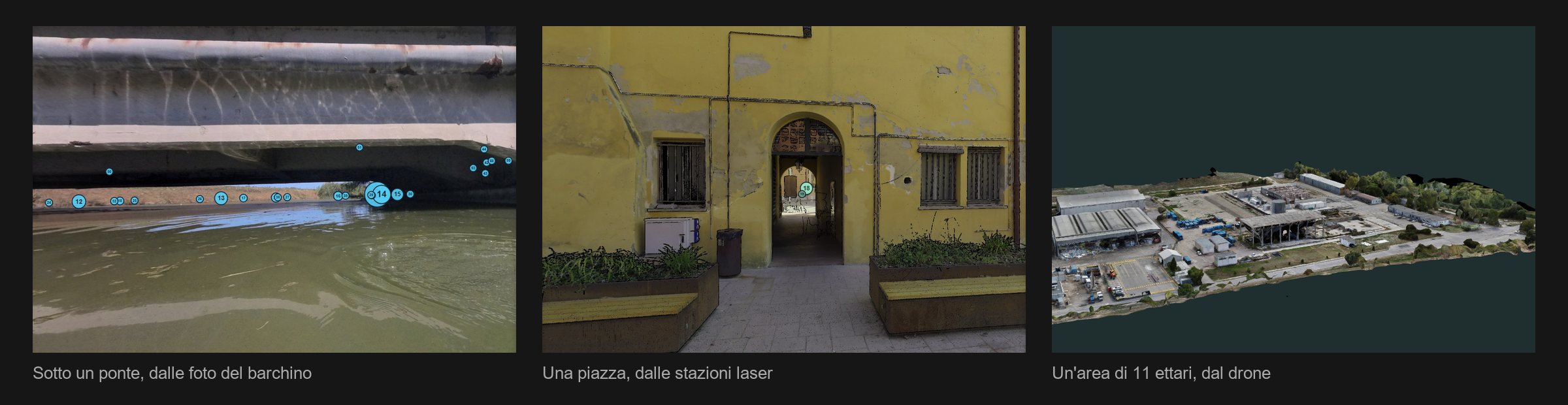 Viste dai nostri virtual tour: sotto un ponte dalle foto del barchino, una piazza dalle stazioni laser, un'area di 11 ettari nel modello 3D da drone