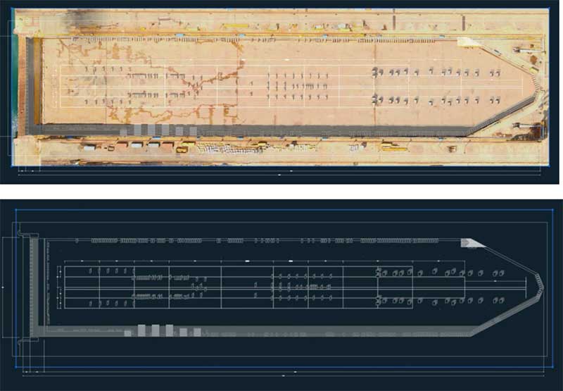 Ortofoto quotata della base del bacino e vettorializzazione in ambiente Autocad 